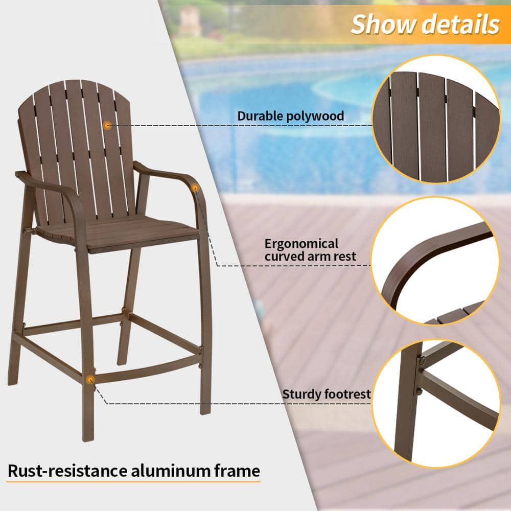 Brown Aluminum Frame Outdoor Counter Height Bar Stools, Set of 2