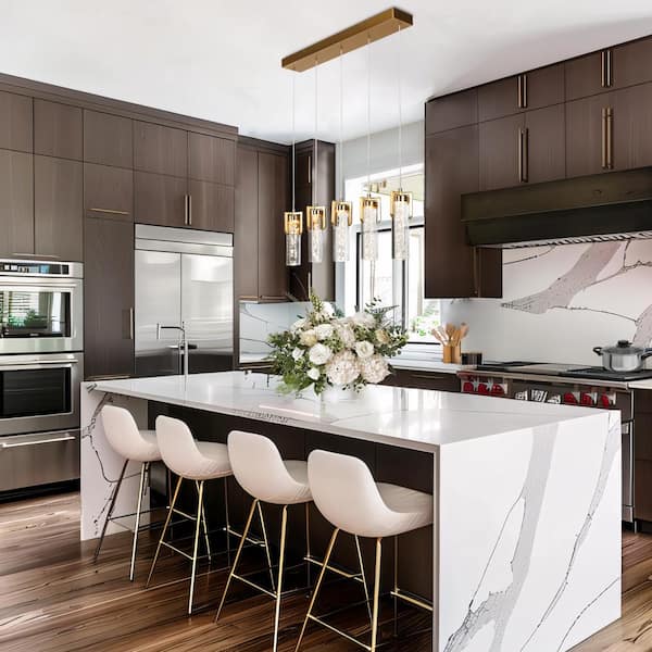 Modern 5-Light Imitation Brass Kitchen Island Pendant Light Integrated LED Light with Acrylic Cylinder Bubble Shade