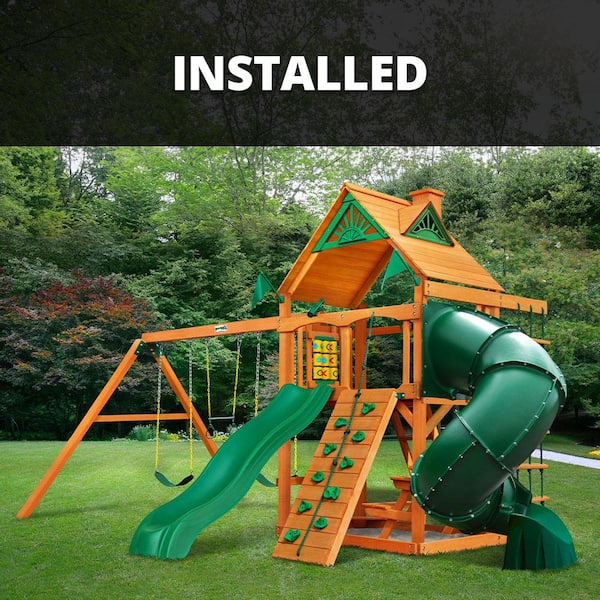 Gorilla Playsets Professionally Installed Mountaineer Wooden Outdoor Playsets with 2 Slides, Swings, and Backyard Swing Set Accessories