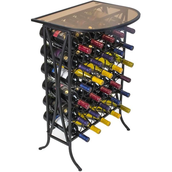 Bordeaux Chateau Style Wine Display with Glass Table Top, 30-Bottle Black Metal Wine Display, Free Standing Wine Rack