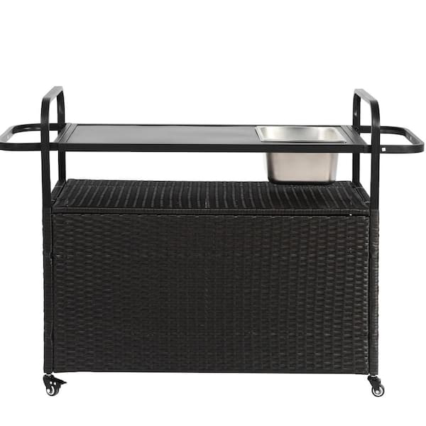 52 in. W Black Wicker Outdoor Bar Cart with Steel Top, Ice Bucket, Side Basket and Lockable Wheels