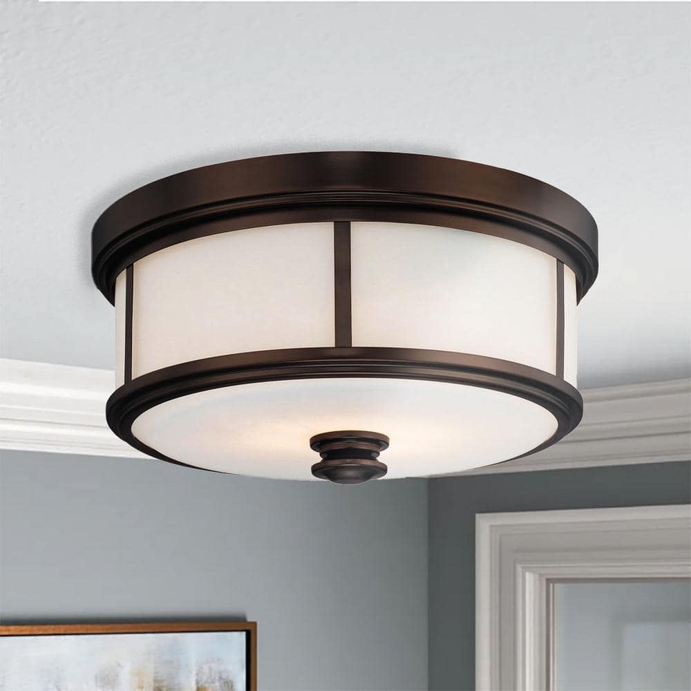 Harvard Court Bronze Etched Opal Glass Drum Flush Mount Light