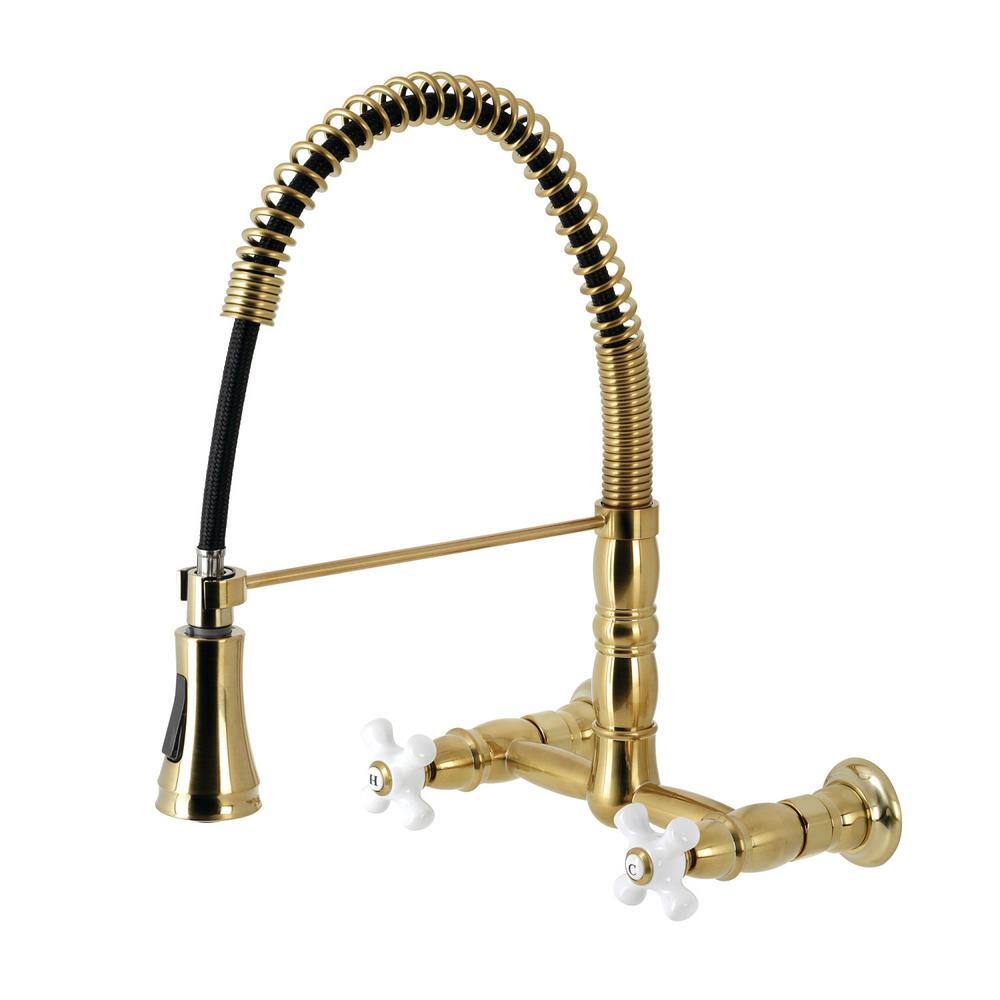 Kingston Brass Heritage 2 Handle Wall Mount Pull Down Sprayer Kitchen Faucet In Brushed Brass 5153