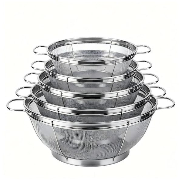 18/8 Stainless Steel Kitchen Colander, Multi Size Mesh Strainer Net Baskets with Handles and Resting Base, Set of 5