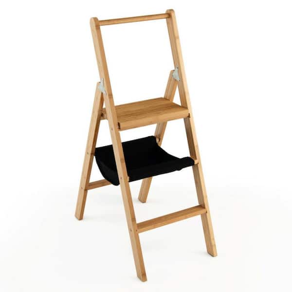 maocao hoom 3 ft. Reach 3 Step Foldable Bamboo Step Ladder Stool with Tool Storage Bag