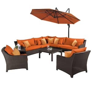 Deco 9-Piece All-Weather Wicker Patio Sectional Set with 10 ft. Umbrella and Sunbrella Tikka Orange Cushions