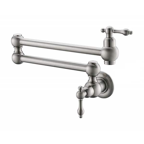 Modern Brass Wall Mounted Pot Filler Faucet with Double Joint Swing Arms and Dual Handles in Brushed Nickel
