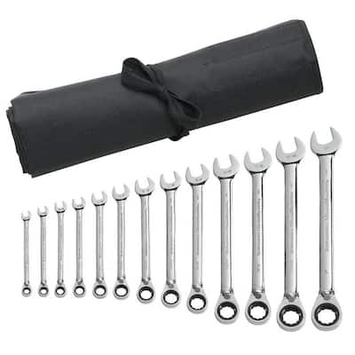 SAE 72-Tooth Reversible Combination Ratcheting Wrench Tool Set with Roll (13-Piece)
