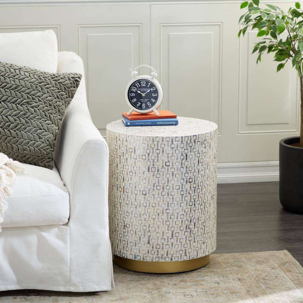 White Round Wood and Metal Accent Table with Pearl Inlays