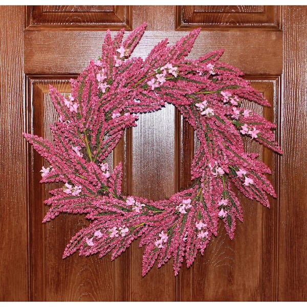 22 in. Artificial Heather Wreath with Pink Flowers on Natural Twig