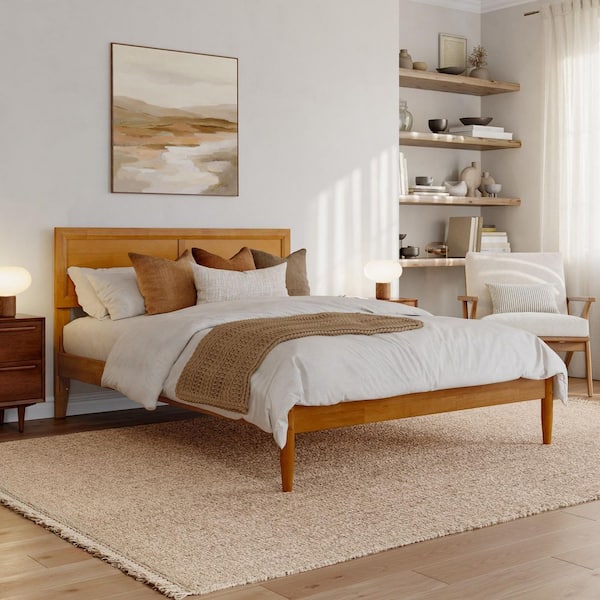 Ellarie Light Toffee Natural Bronze Wood Frame Full Platform Bed with Adjustable Headboard