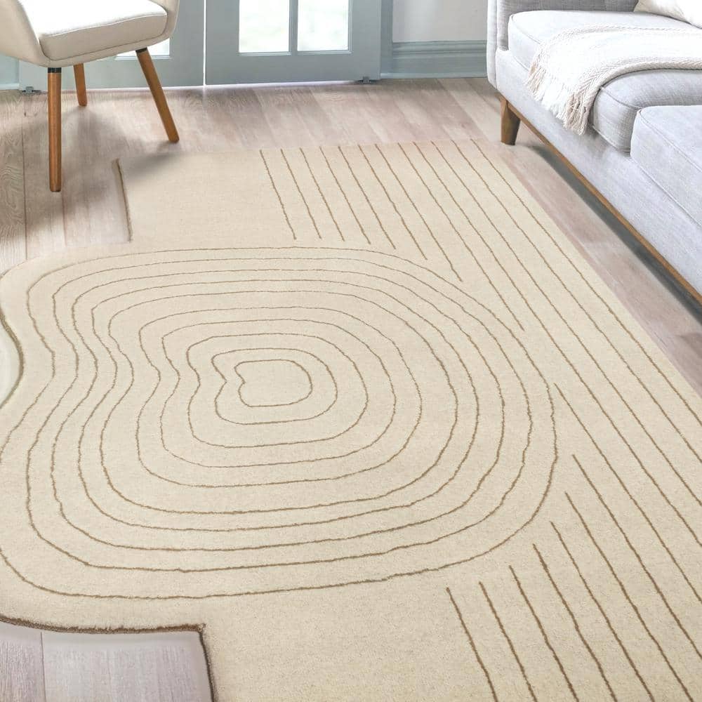 Ivory Beige Abstract Handwoven Wool 6' x 9' Area Rug