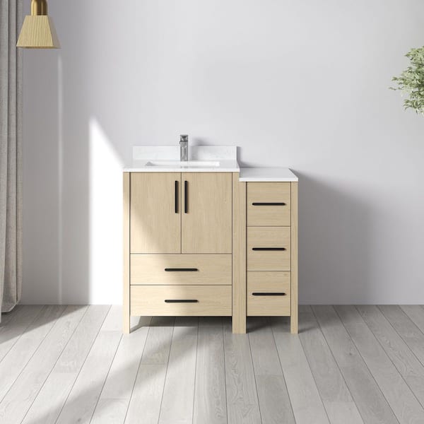 MEDUNJESS Nodus 36 in. W x 22 in. D x 34 in. H Single Sink Freestanding Bath Vanity in Oak with White Carrara Cultured Marble Top
