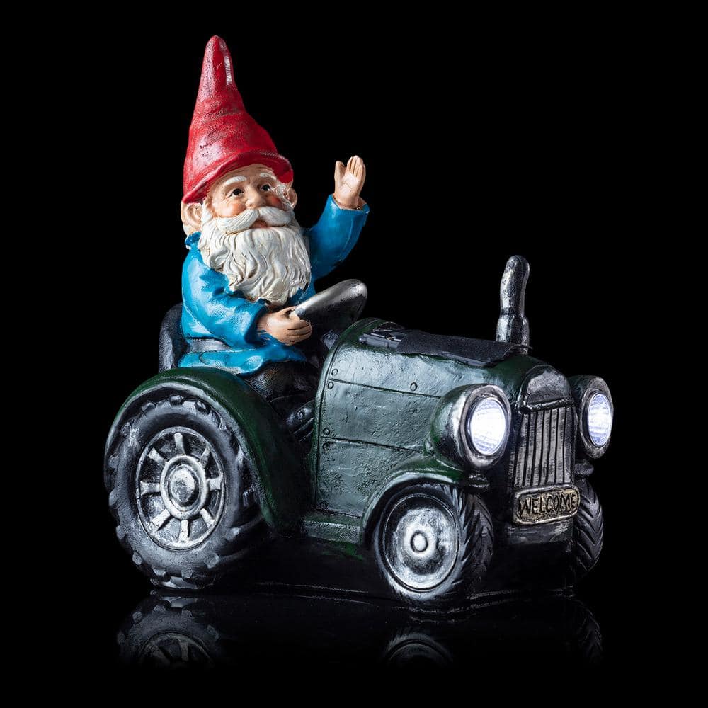10" Green Polyresin Solar Gnome on Tractor with LED Lights