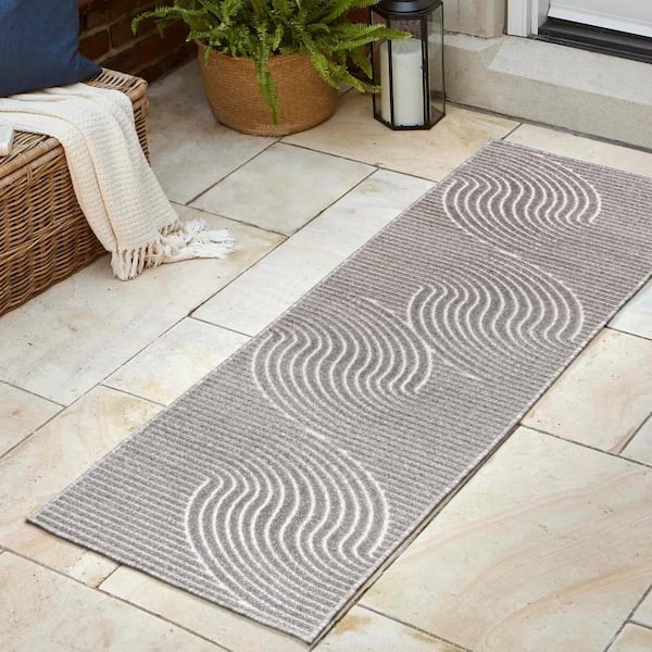 JONATHAN Y Skagen High-Low Minimalist Curve Geometric Gray/Ivory 2 ft. x 8 ft. Indoor/Outdoor Runner Rug
