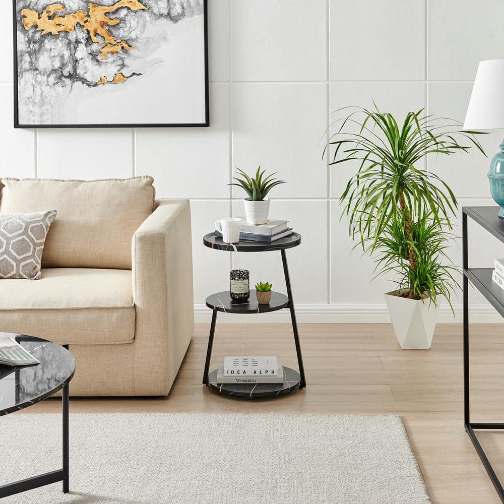 Skylar White Marble and Black Metal 3-Tier Round Accent Table