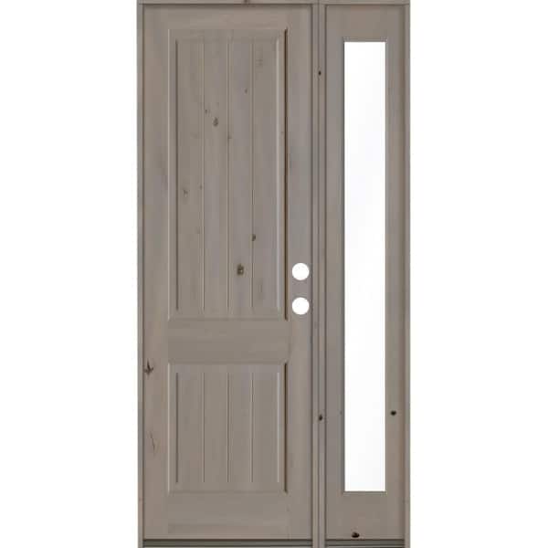 Krosswood Doors 44 in. x 96 in. Rustic Knotty Alder Square Top Left-Hand/Inswing Clear Glass Grey Stain Wood Prehung Front Door w/RFSL