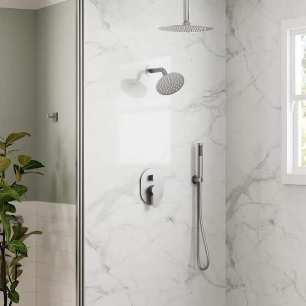 ClassicRain 10in. and 6in. 3-Spray Dual Ceiling Mount Fixed and Handheld Shower Head 2.5GPM in Brushed Nickel with Valve