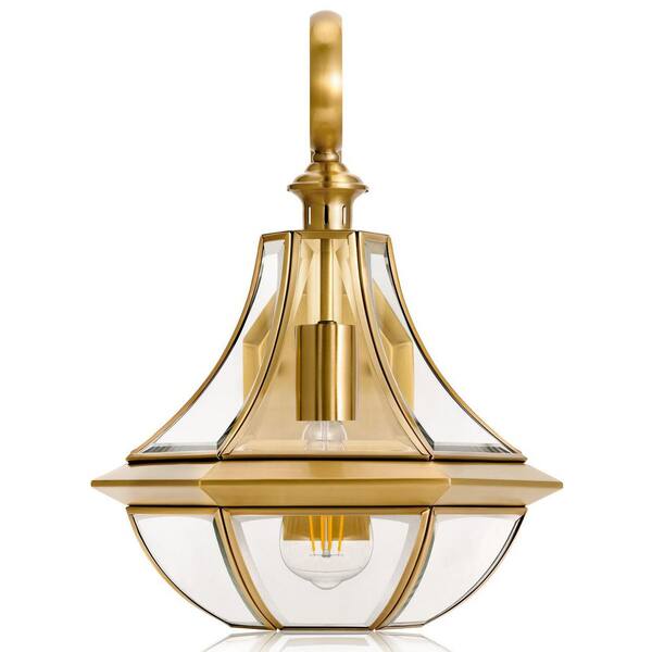 Meluaim 15.35 in. Golden Brass with Glass Shade Outdoor Hardwired Hexagonal Light Wall Lantern Sconce with No Bulbs Included