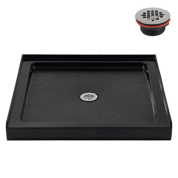 36 in. L x 36 in. W Alcove Acrylic Shower Pan Base in Glossy Black with Center Drain, Drain Included