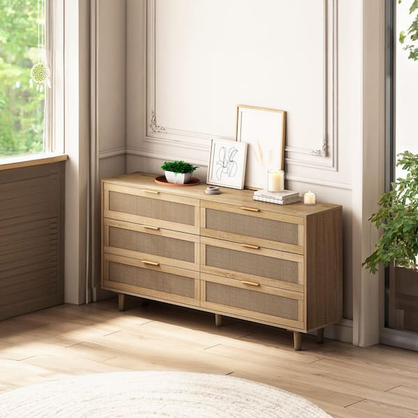 59.06 in. 6-Drawers Rattan Storage Cabinet Rattan Drawer, for Bedroom, Living Room, Natural