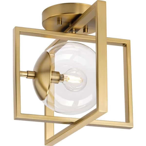 Progress Lighting Atwell 10 in. 1-Light Brushed Bronze Semi-Flush Mount Light with Clear Glass Shade