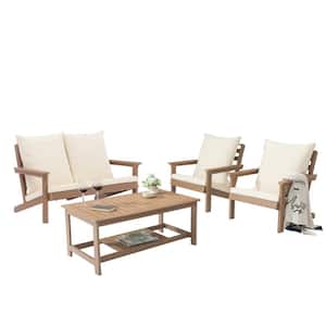 Brown 4-Piece Wood Grain Plastic Patio Conversation Set with Beige Thickened Cushions