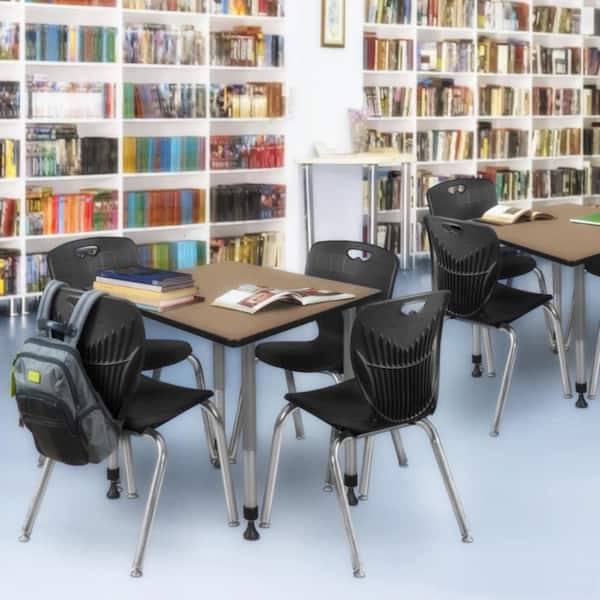 Kee 42 in. Square Noble Oak Adjustable Classroom Table Desk with Grey Base and 4 Andy 18 in. Black Stack Chairs