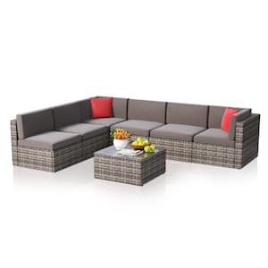 Gray 7-Piece Wicker Rattan Outdoor Sectional Set with Gray Cushions