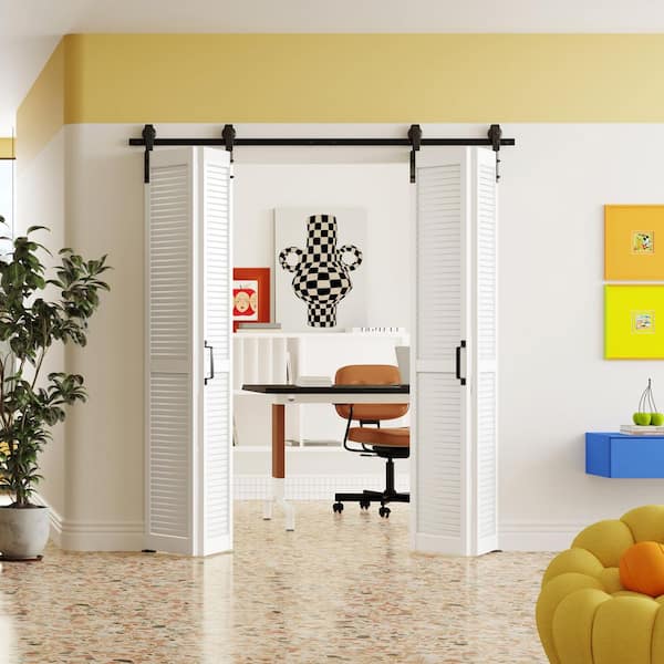 72in x 84in Louvered Panel, White, MDF, Bi-Fold Style, Pre-assembled Panel Sliding Barn Door with Hardware Kit
