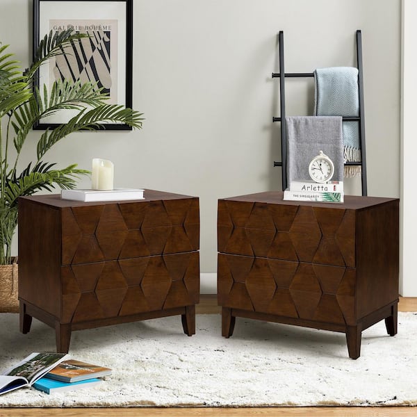 Diana Walnut 2-Drawer Storage Nightstand with Adjustable Legs and Charging Station (Set of 2)