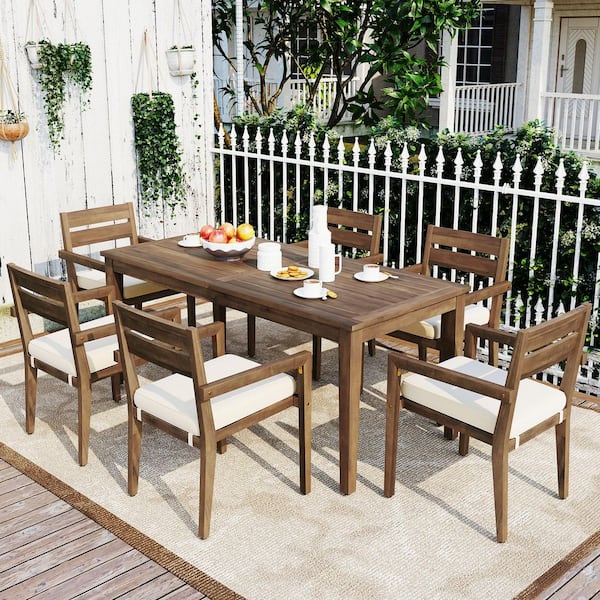 Unbranded Brown 7-Piece Rust-Proof and UV-Proof Acacia Wood Outdoor Dining Set with Beige Cushions and Armrest