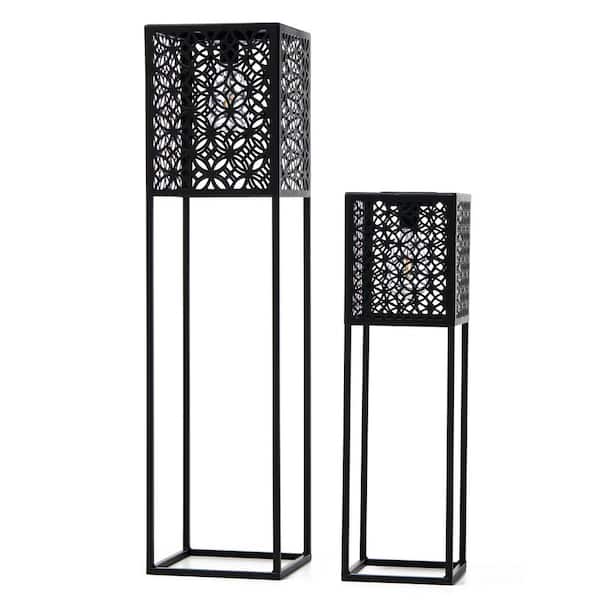 Glitzhome 32 in. H Oversized Black Metal Cutout Pattern Solar Powered Outdoor Floor Lantern or planter stands(set of 2)
