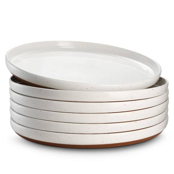 10.5 in. Large Ceramic Dinner Plates with Moon-White Speckled Glaze and Rim Design, Set