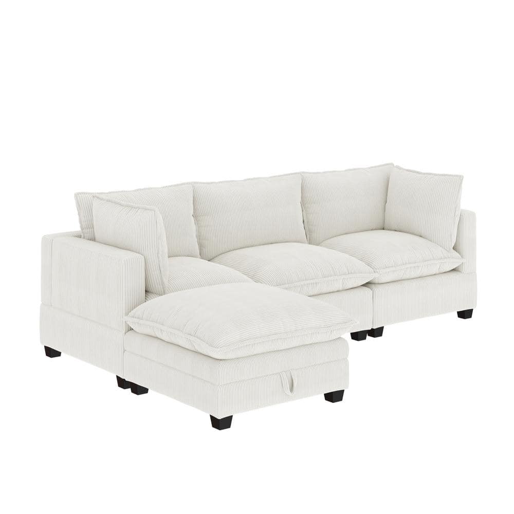 Pearl White Linen Upholstered 3-Seater Sofa with Ottoman