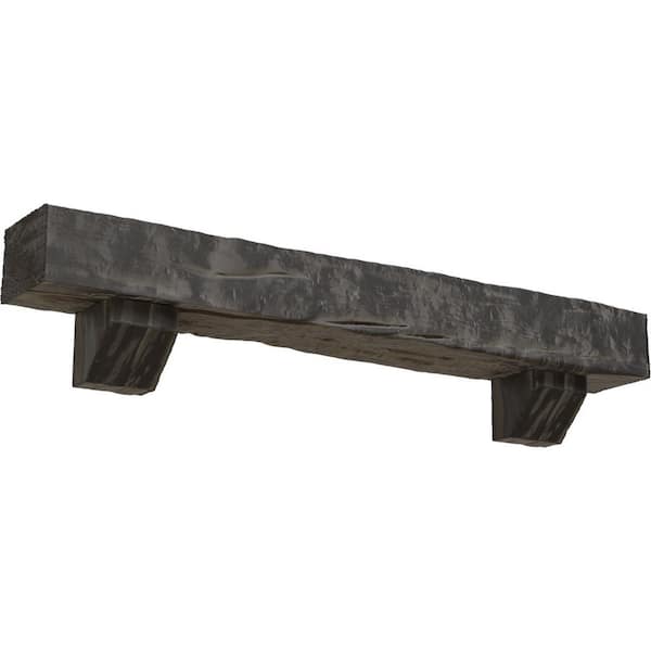 Ekena Millwork 4 in. x 8 in. x 5 ft. Riverwood Faux Wood Beam Fireplace Mantel Kit, Ashford Corbels in Aged Cedar