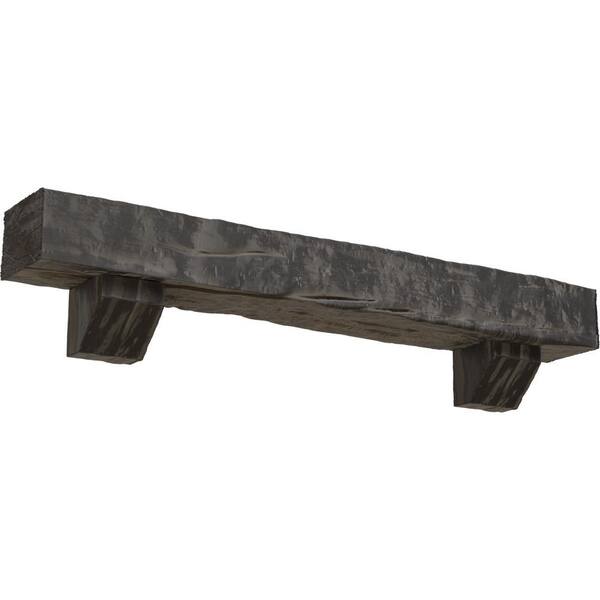 Ekena Millwork 8 in. x 12 in. x 7 ft. Riverwood Faux Wood Fireplace Mantel Kit, Ashford Corbels, Aged Cedar