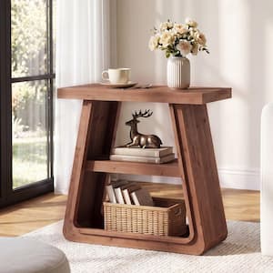 HearthPine 23.6 in. Solid Wood End Table with 3-Tier Open Shelf for Living Room Bderoom Entryway