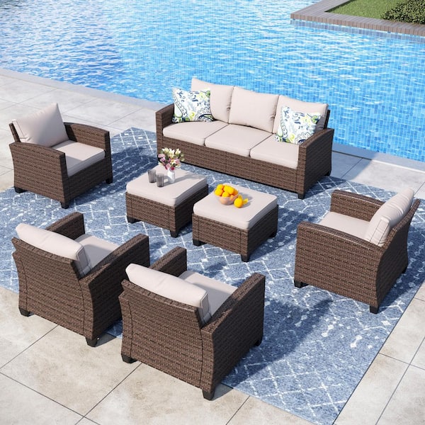 Brown Rattan Wicker 9 Seat 7-Piece Steel Outdoor Patio Conversation Set with Beige Cushions and 2 Ottomans