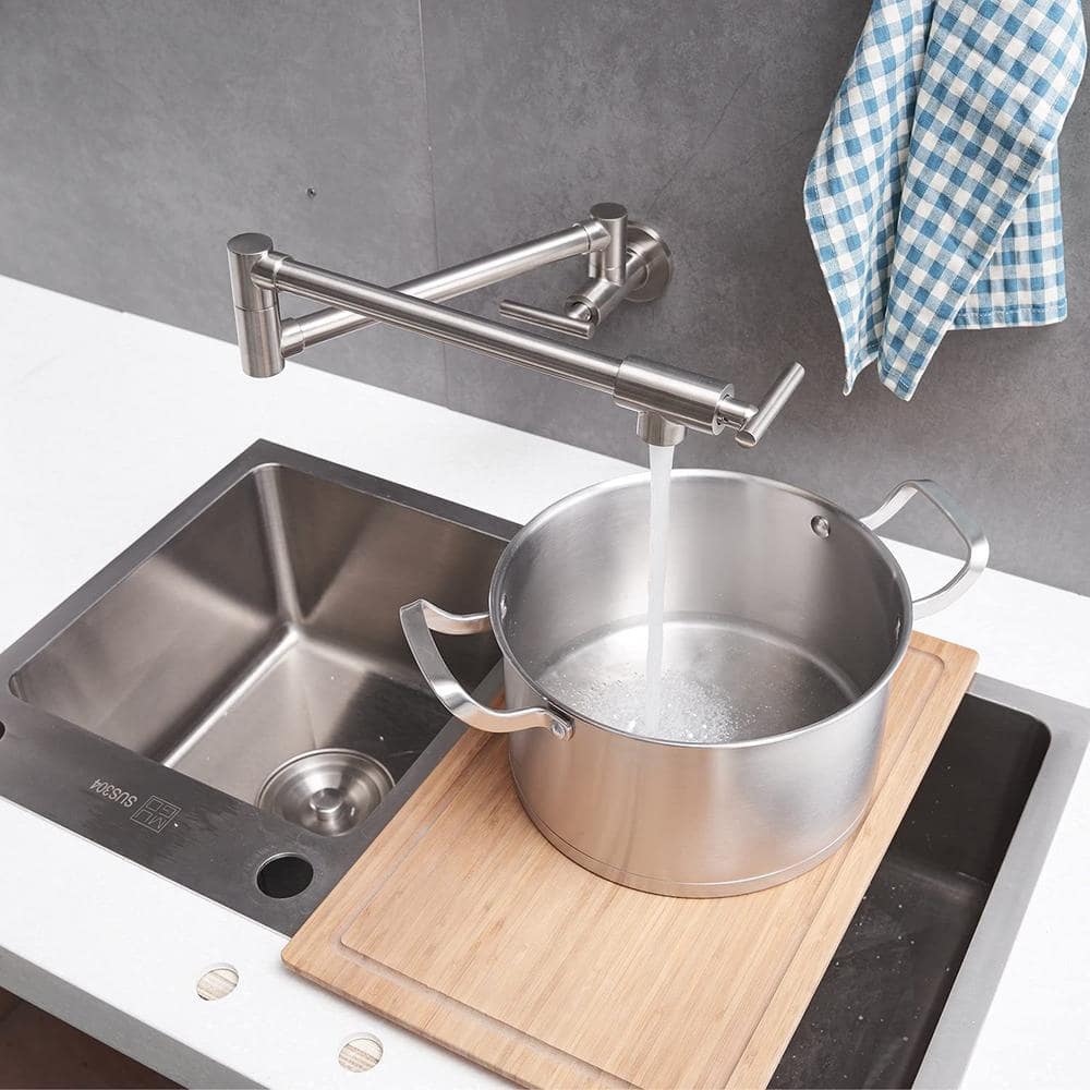 Brushed Nickel Wall-Mounted Double Handle Pot Filler Faucet