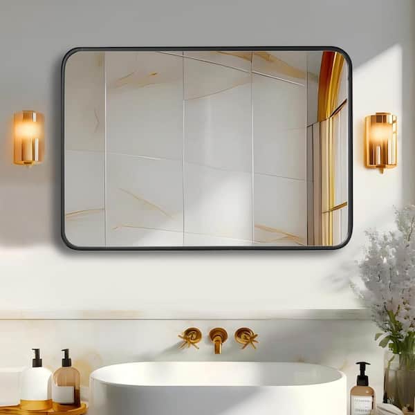 WONDER COMFORT Black 30 in. W x 40 in. H Modern Vanity Rectangle Metal Framed Large Wall Mirror, Horizontally or Vertically Hanging