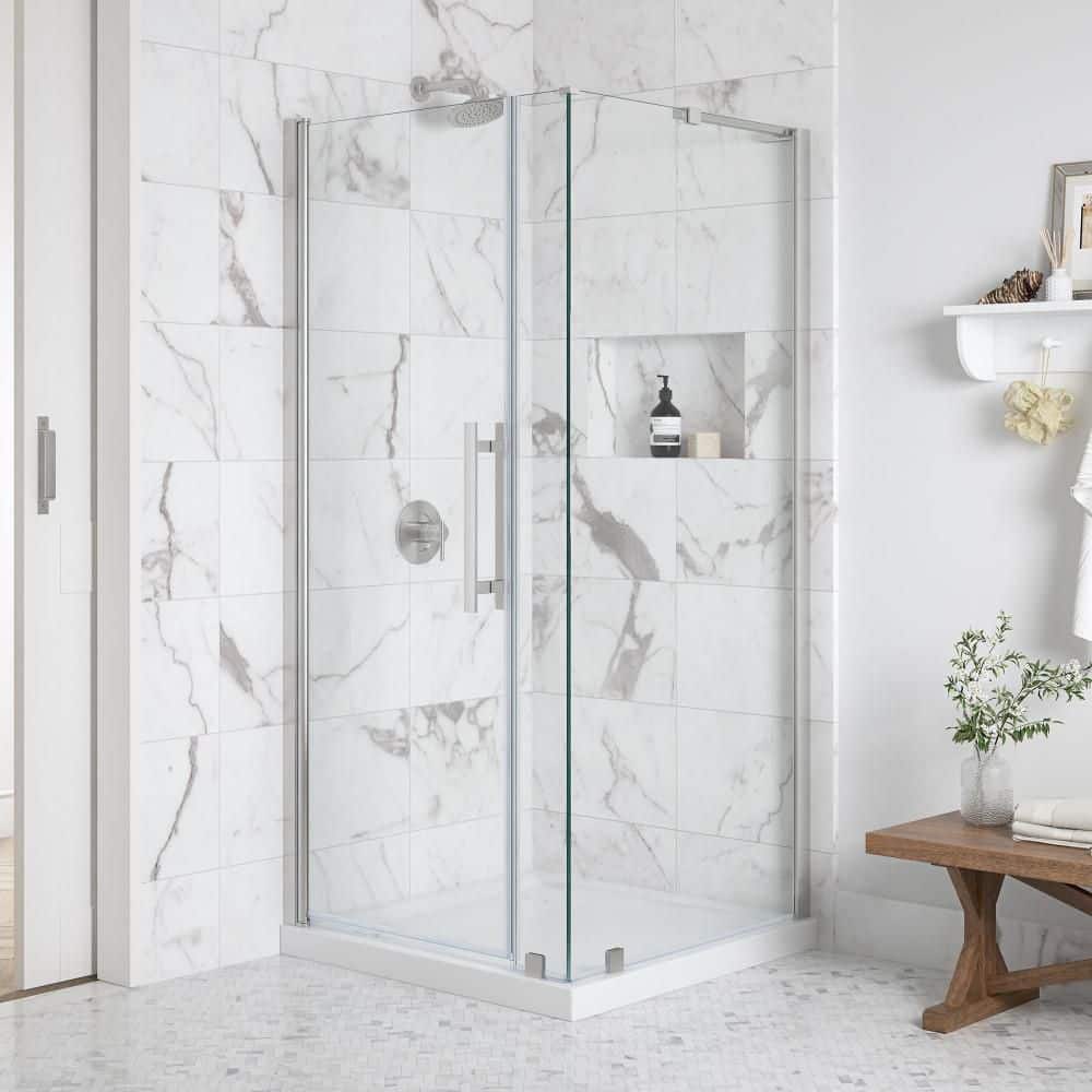Breeze Pivot 36in. W x 36in. L x 72in. H Corner Shower Kit w/ Pivot Frameless Shower Door in Satin Nickel and Shower Pan price history on PriceWatchPro