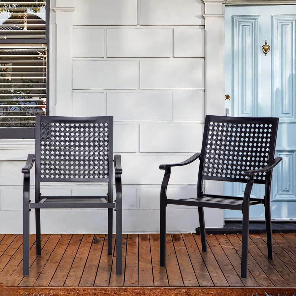 Black Steel Stackable Arm Dining Chairs (Set of 2)