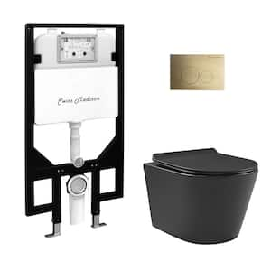 Calice Wall-Hung Toilet, Round, 3-Piece Bundle 0.8/1.6 GPF Dual Flush in Matte Black with Brass Flush Plate