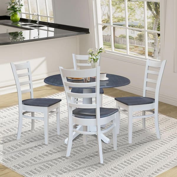 5-Piece Set, Kayla White/Heather Gray Solid Wood 42 in Drop-Leaf Pedestal Table and 4 - Chairs, Seats 4