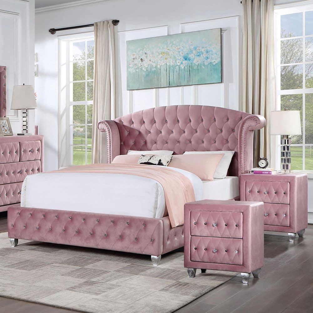 Nesika 3-Piece Glam Pink Velvet Twin Bedroom Set with Care Kit 2-Nightstands