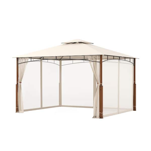 ANGELES HOME 12 ft. x 10 ft. Beige Outdoor Patio Gazebo with Netting and 2-Tier Canopy Roof