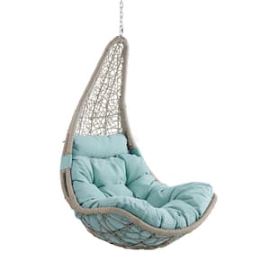 Moon-Shaped Outdoor Wicker Porch Swing Hanging Chair with Blue Cushion