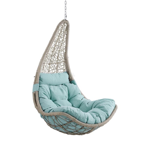 ULAX FURNITURE Moon-Shaped Outdoor Wicker Porch Swing Hanging Chair with Blue Cushion
