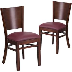 Burgundy Vinyl Seat/Walnut Wood Frame Restaurant Chairs (Set of 2)